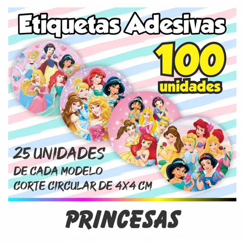 Kit De 100 Etiquetas Adesivas Princesas Disney
