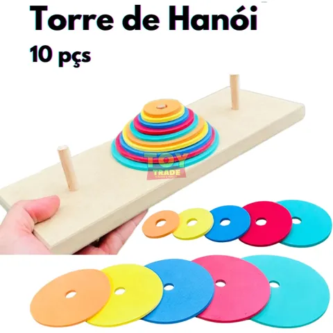 Brinquedo Torre de Hanói 10 Discos Colorido Base em Madeira e Disco em EVA Brinquedo Educativo Pedagogico Desafio Infantil