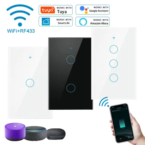 Tuya Smart Wifi RF433 Interruptor De Toque Sem Fio Neutro Necessário Luz De Parede Home Life Suporte Alexa Google