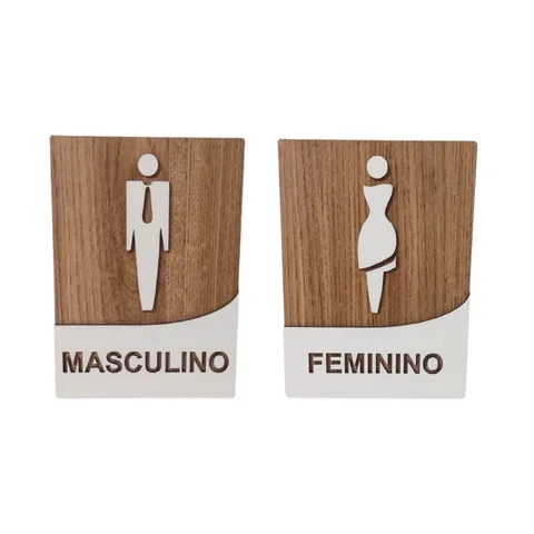Kit Placas Sinalizadoras Para Banheiro Masculino e Feminino em MDF