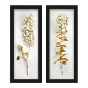 Kit 2 Quadros Decorativos Lavabo Efeito 3D Metálico Dourado Branco Flores Buquê