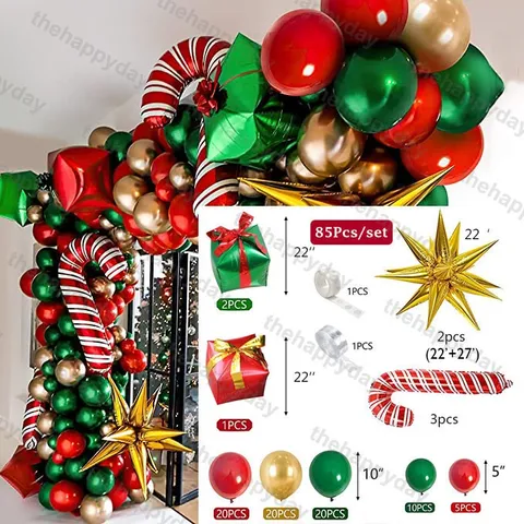 85pçs Balão De Natal Arco Verde Ouro Vermelho Caixa De Doces Garland Cone Explosão Star Foil Balloons Decoração Festa