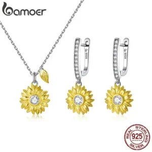 Bamoer 925 Sterling Silver Jewelry Set Anel E Colar Padrão Grão Para Meninas Presentes