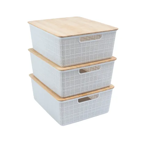 Kit 3 caixas organizadoras tampa de bambu multiuso branca 12L Oikos