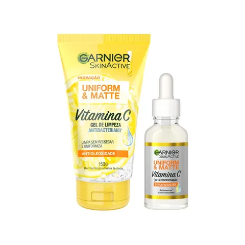 Kit Rotina Garnier Antimanchas UniformMatte Vitamina C Limpeza Facial textura Gel Serum Antimarcas 15ml