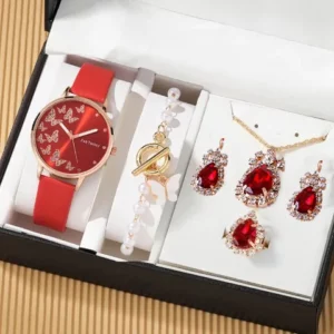 Relógio Borboleta Diamante 6pcs Colar Conjunto Pulseira Relógios Mulher Lady Quartz Casual