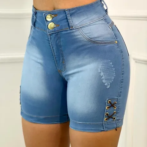 Short Jeans Feminino Meia Coxa Detalhe em Ilhós com Lycra Pedalete Jeans Bermuda Feminina modelo Cilista 2022