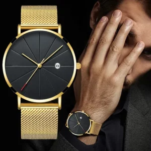 Relógio Super Slim Homem Relógios Mulher Calendário Cinto De Malha De Aço Inoxidável Data Quartzo Negócios Moda Ouro Luxo