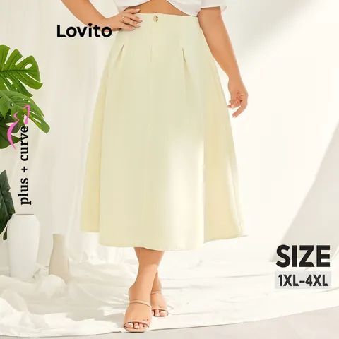 Lovito Saia Plissada e Plissada Lisa Casual Plus Size Curve para Mulheres LPS11044 Branco Off