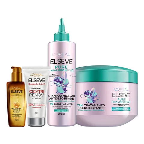 Kit Elseve Pure Hialurônico Shampoo Micelar Creme de Tratamento Óleo Extraordinário Leavein Cicatri Renov