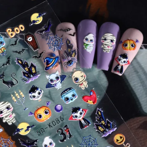 Coleção de Autocolantes de Halloween 5D em relevo Cartoon Dark Style Funny Skeleton Ghost Nail Decal C0213