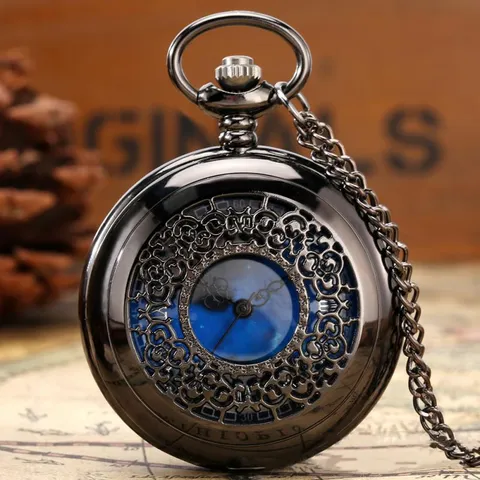 Relógio De Bolso Starry Blue Dial Pocket Watch Numerais Romanos Pingente De Bronze Caixa Oca Steampunk Vintage Colar Pendurado