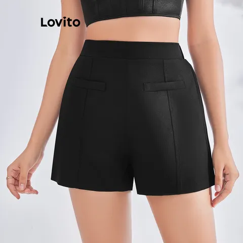 Lovito Shorts Básicos Casuais Lisos Com Bolso Falso Para Mulheres LBE03006 Preto