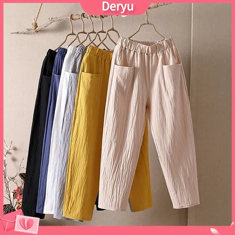 Deryu Mulheres soltas cintura elástica calças cor sólida comprimento do tornozelo com verão perna larga bolso linho decorativo para mulheres NVFT