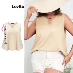Lovito Blusa Básica Lisa Casual Plus Size Curva Para Mulheres LBE03051 Cáqui