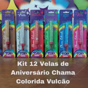 Kit 12 Velas de Aniversário Chama Colorida Vulcão