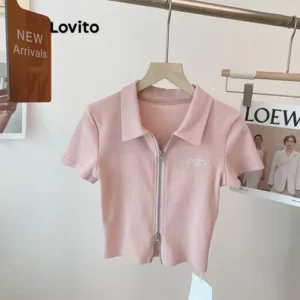 Lovito Camisetas Femininas Casuais Simples Com Bordado De Zíper LNE16045 Rosa
