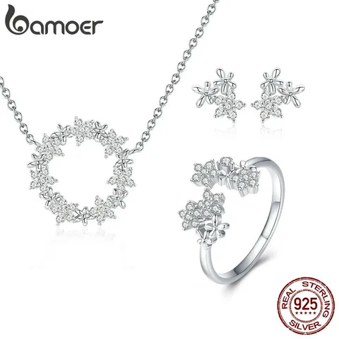 Bamoer 925 Sterling Silver Jewelry Set Ring Brincos E Colar Gypsophila Padrão Para Meninas Presentes