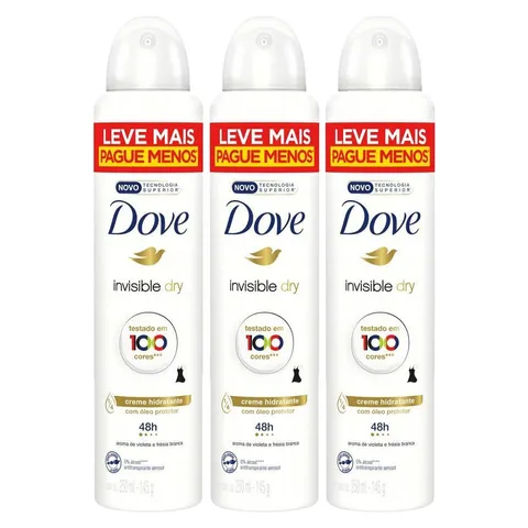 Kit com 3 Desodorantes Antitranspirantes Aerosol Dove Women Invisible Dry 250ml