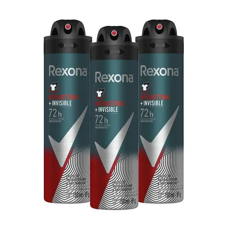 Kit com 3 Desodorantes Antitranspirantes Aerosol Masculino Rexona Antibacterial Invisible 150ml