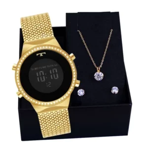Relógio Feminino Technos Digital Dourado BJ3478AG1P Kit Colar e Brincos
