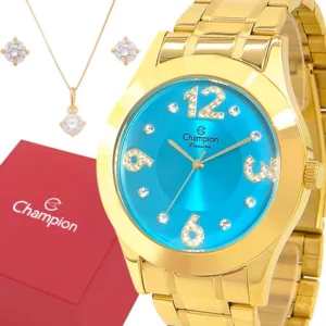 Relógio Champion Feminino Dourado Azul Prova dágua com 1 ano de garantia e colar e brincos