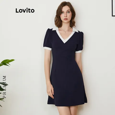 Lovito Premium Vestido Casual Liso Cor Sólida Decote em V com Cauda L24AD071 Dark Azul