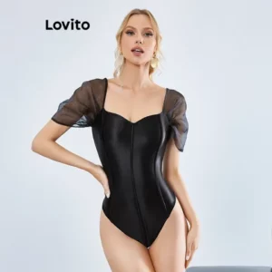 Lovito Elegante Bodysuit com Coração Sweetheart e Malha Contrastante para Mulheres LBE01076 Preto