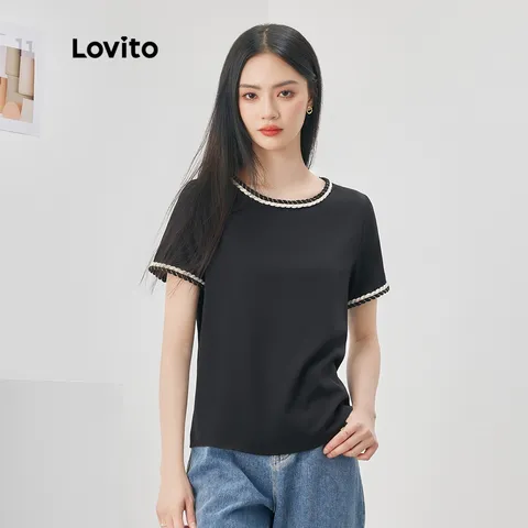Lovito Casual Camiseta Feminina Lisa com Costura Contrastante L52AD022 Preta