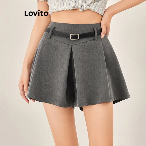 Lovito Casual Shorts Feminino Liso Largo de Cintura Média Plissado com Cinto L53AD067 Cinza Escuro