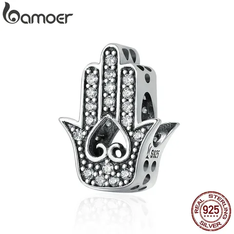BAMOER Authentic 925 Sterling Silver Good Luck Hand Of Fatima Charms fit Women Bracelets Necklaces DIY Silver jewelry SCC225