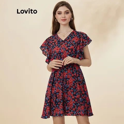 Lovito Vestido Casual Floral Ondulado Plissado de Amarrar Decote em V L19D468 Vermelho