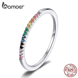 Bamoer Rainbow Anel De Moda Com Pedra Colorida Brilhante Mulher Jóias Authentic 925 Tamanho De Prata 5 6 7 8 9