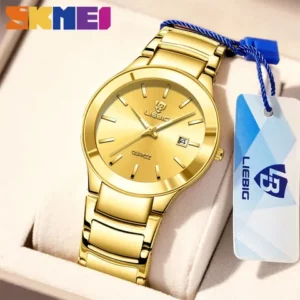 SKMEI Original Relógio Masculino Golden watch Esportivo De Quartzo De Casal De 30 Metros De Cinto De Aço À Prova Dágua Mostrador Do Calendário
