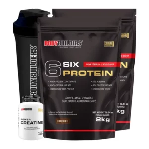 Kit 2x Whey Protein Concentrado 6 Six Protein 2kg Power Creatina 100g Coqueteleira Ganho de Massa Muscular Magra e Força Muscular Bodybuilders