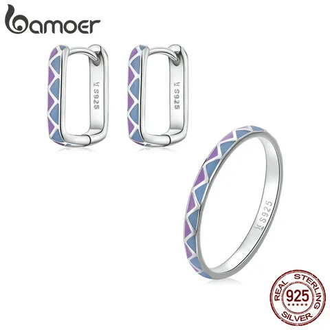 Bamoer 925 Sterling Silver Jewelry Set Brincos E Anéis Padrão Geométrico Azul Para Meninas Presentes