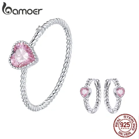 Bamoer 925 Sterling Silver Jewelry Set Brincos E Padrão De Amor Rosa Para Meninas Presentes
