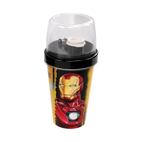 Mini Shakeira de Plastico 320 ml com Misturador Fechamento Rosca e Sobretampa Articulável Avengers Homem de Ferro
