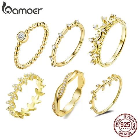 Bamoer Ring 925 Prata Anéis Dedos Simples Jóias De Moda Feminina Com Banho De Ouro BSR208