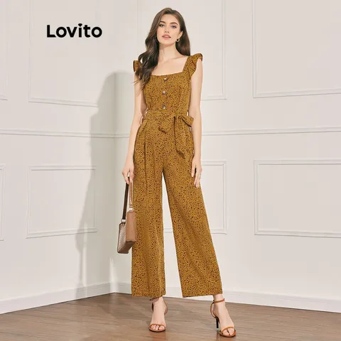 Lovito Casual Ditsy Floral Frill Sleeve Belted Women Jumpsuit L39LD008 Ginger