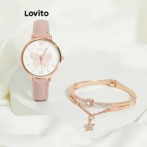Lovito Casual Relógios de Borboleta de Metal para Mulheres L57AD052 MarromRosaPreto