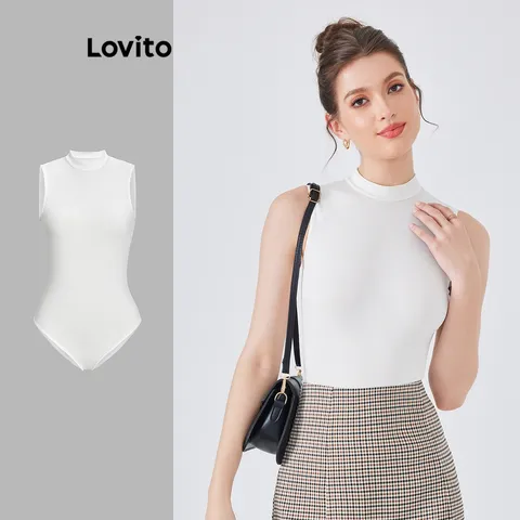 Lovito Bodysuits Casual Liso com Gola Redonda Básica para Mulheres L54ED063 Branco