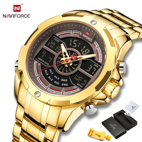 Relógio de Pulso NAVIFORCE Luxury Dourado Digital com Visor Duplo Relógio Fashion Masculino À prova dágua