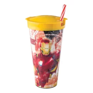 Copo de Plástico 540 ml com Compartimento e Canudo Avengers Homem de Ferro
