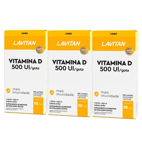 Vitamina D Lavitan Gotas 500 UI 10ml Com 3 Caixas