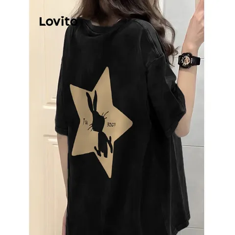 Lovito Camiseta Casual com Padrão de Estrelas para Mulheres LNA17209 Preto