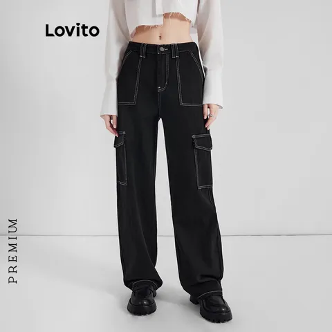 Lovito Premium Calças Jeans Femininas Casual Lisas com Bolso e Botão L35AD048 Preto