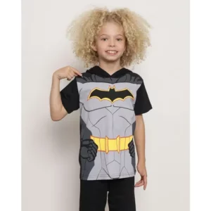 Camiseta Infantil DC Comics Batman Manga Curta Com Capuz Preta
