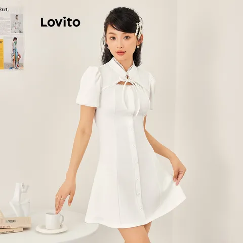 Lovito Fofo Vestido Feminino Liso Mini Skatista de Manga Curta e Amarrar na Frente com Renda L53AD038 Branco