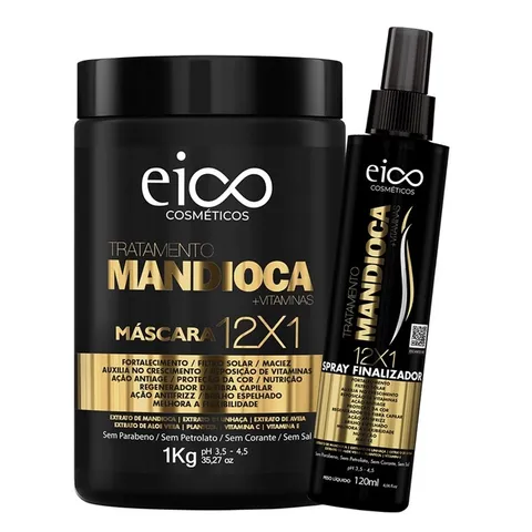 Kit Eico Mandioca Máscara Tratamento Fortalecimento Crescimento 1kg Spray Proteção Térmica Ação 12 em 1 120ml
